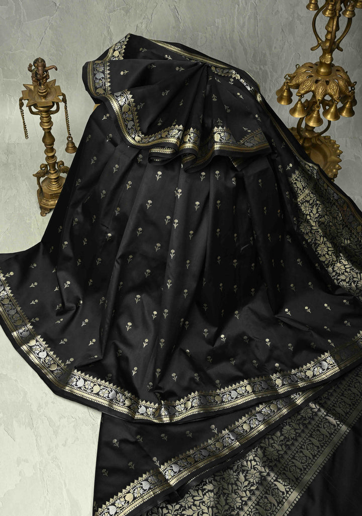 Black Semi Silk Saree with Floral Buttis and Alfi Zari Border | SHOBITAM