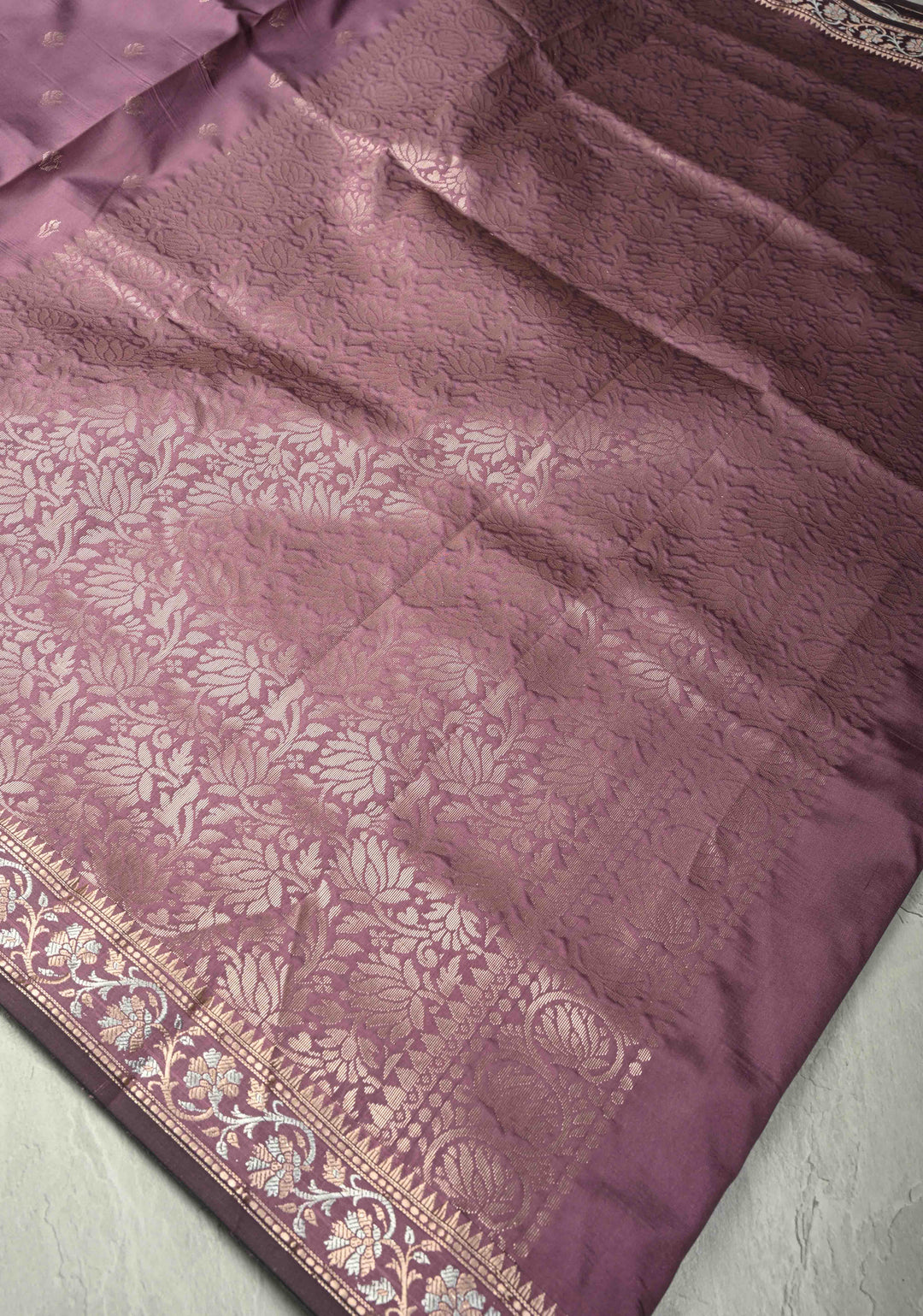 Dark Mauve Semi Silk Saree with Floral Buttas and Alfi Zari Border