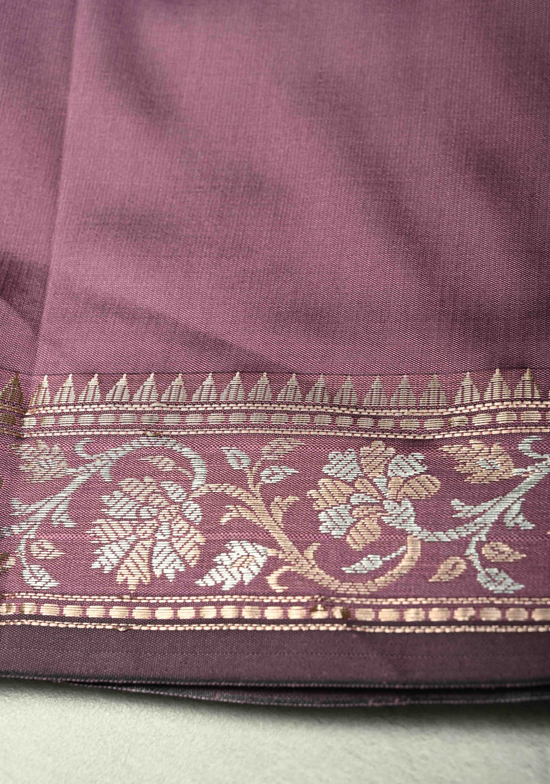 Dark Mauve Semi Silk Saree with Floral Buttas and Alfi Zari Border