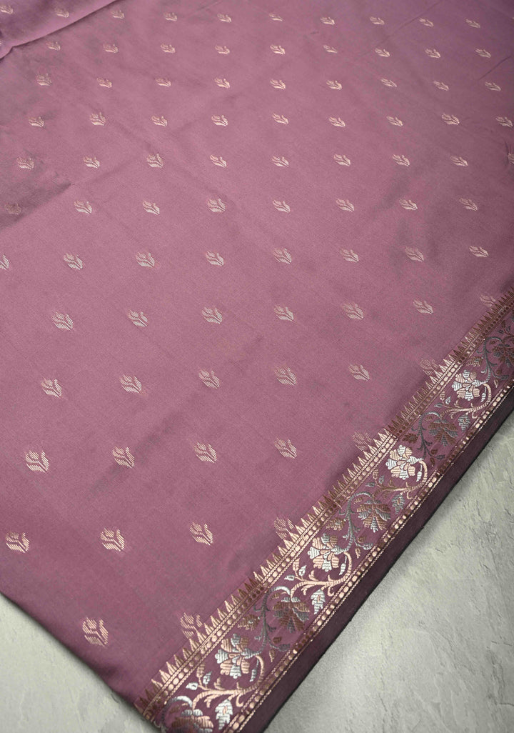 Dark Mauve Semi Silk Saree with Floral Buttas and Alfi Zari Border