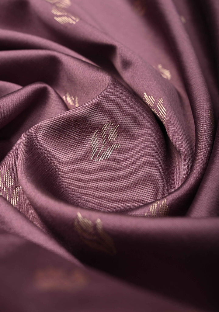Dark Mauve Semi Silk Saree with Floral Buttas and Alfi Zari Border
