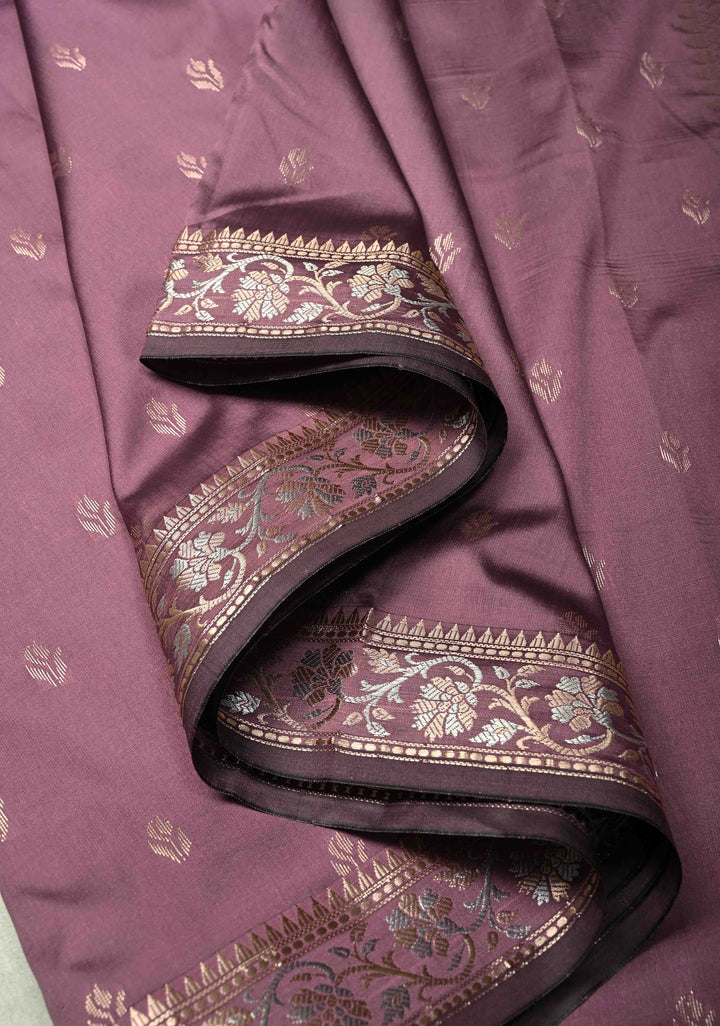 Dark Mauve Semi Silk Saree with Floral Buttas and Alfi Zari Border