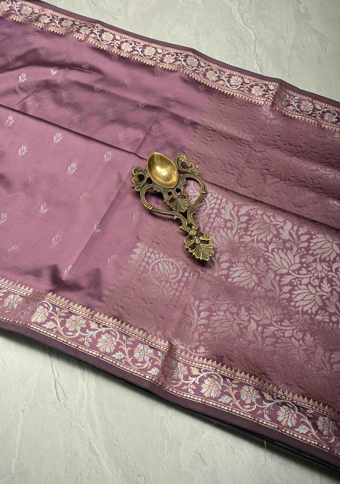 Dark Mauve Semi Silk Saree with Floral Buttas and Alfi Zari Border