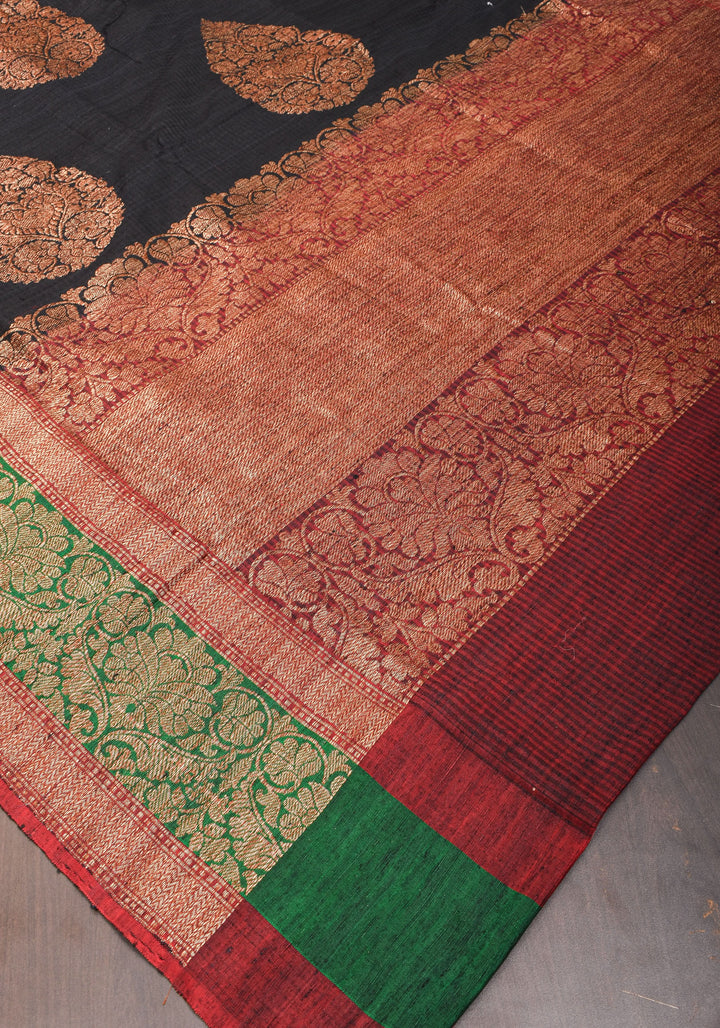 Banarasi Pure Tussar Silk Saree in Black with two tone borders and Damask Motifs | SILK MARK CERTIFIED