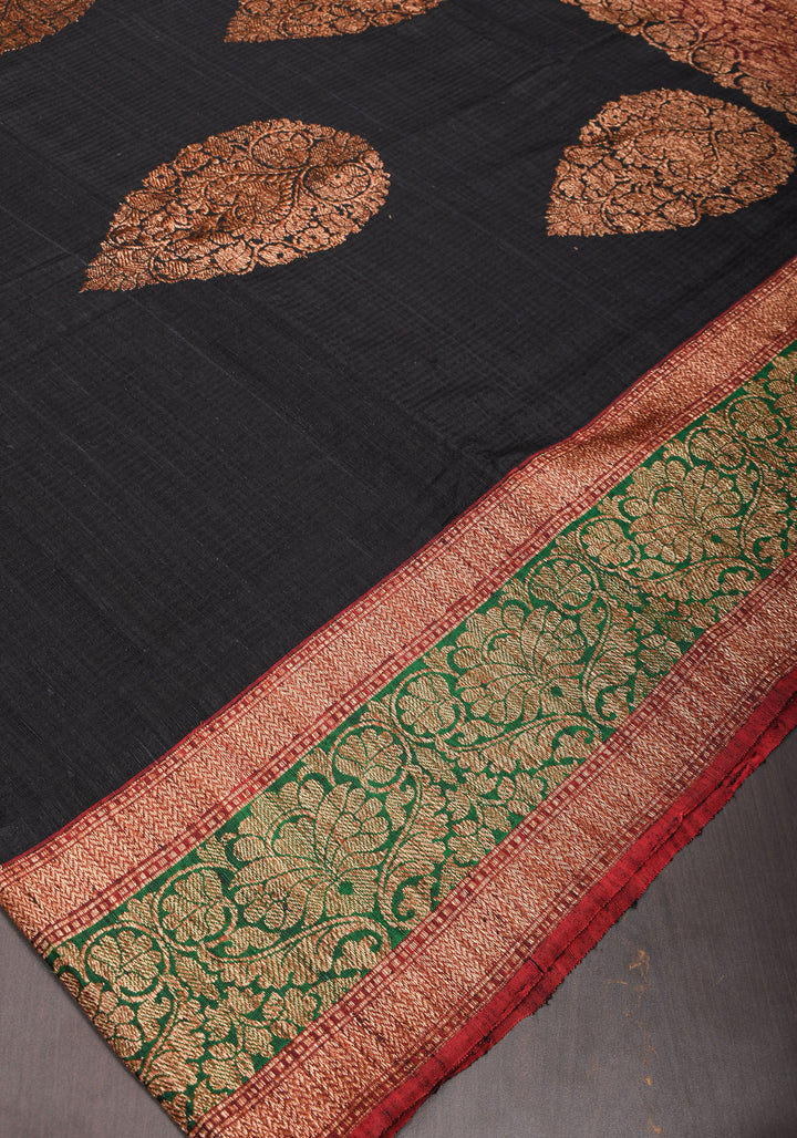 Banarasi Pure Tussar Silk Saree in Black with two tone borders and Damask Motifs | SILK MARK CERTIFIED