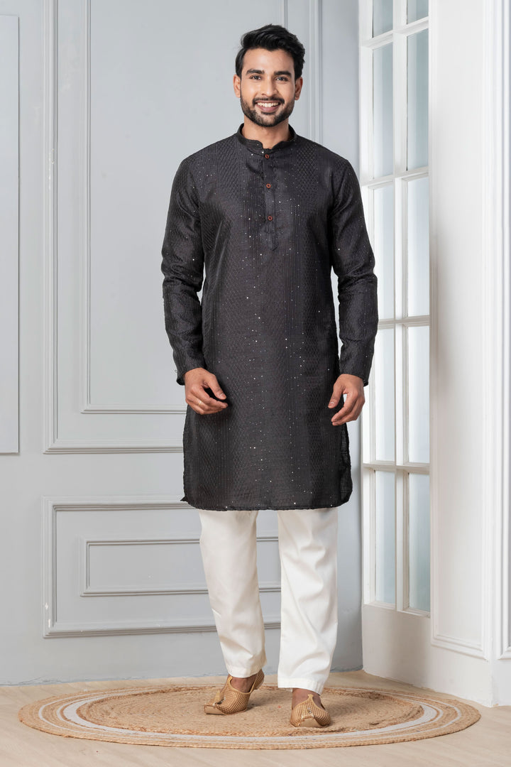 Men’s Midnight Sequin-Embroidered Silk Kurta – Charcoal Black | SHOBITAM