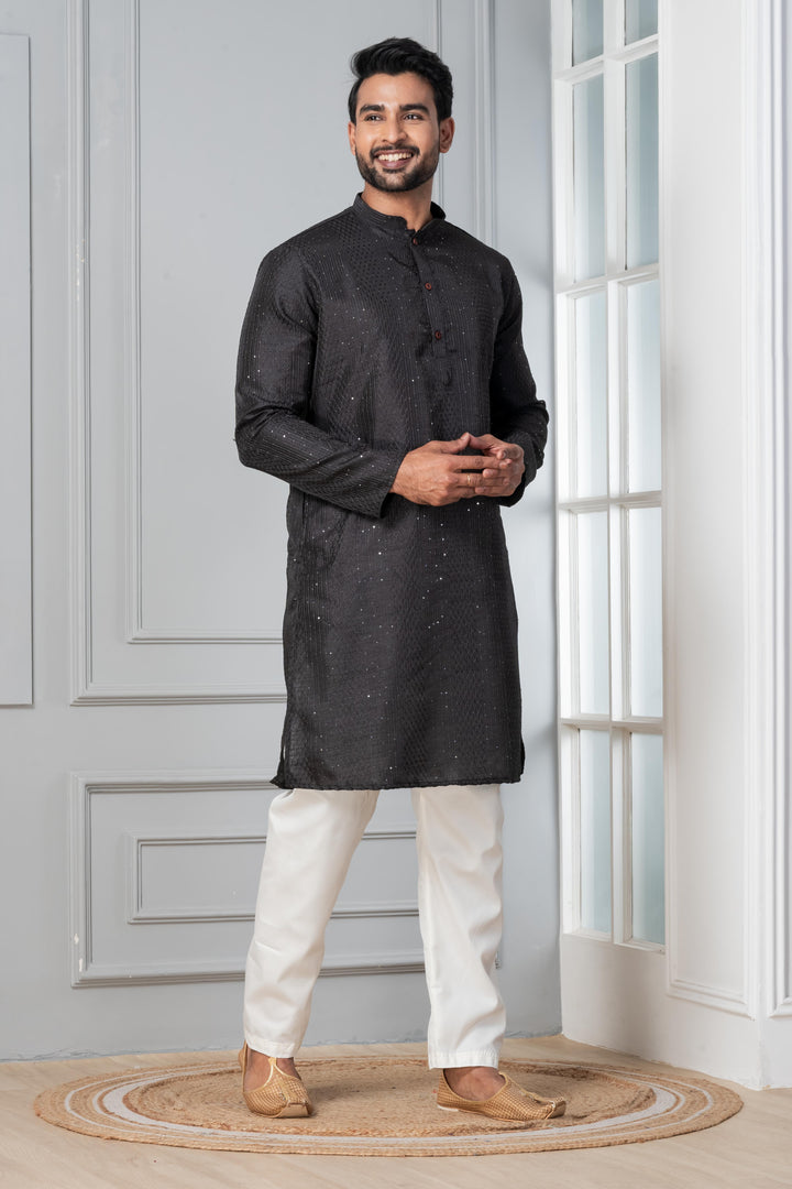 Men’s Midnight Sequin-Embroidered Silk Kurta – Charcoal Black | SHOBITAM
