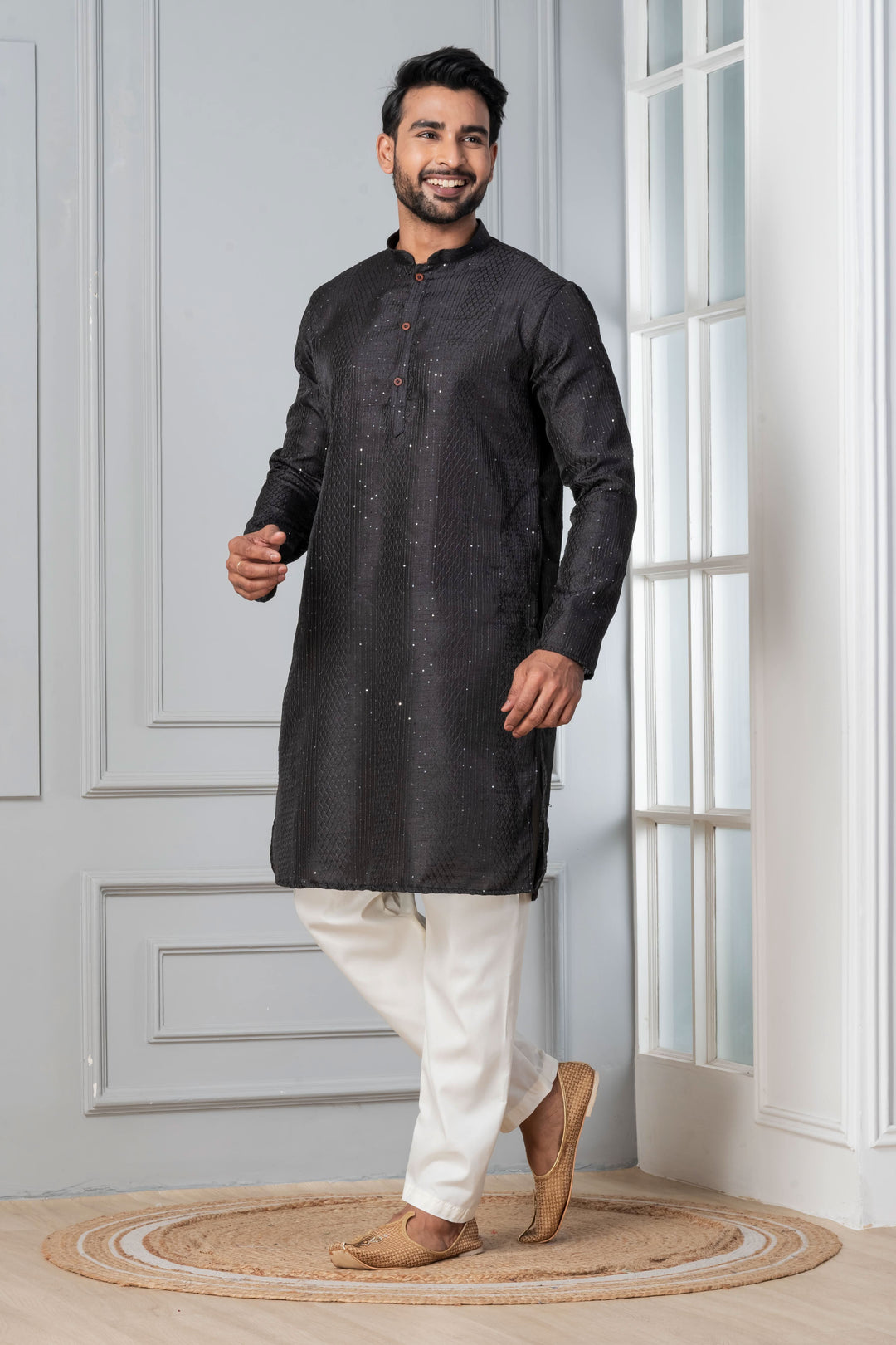 Men’s Midnight Sequin-Embroidered Silk Kurta – Charcoal Black | SHOBITAM
