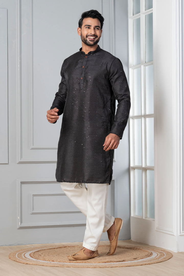 Men’s Midnight Sequin-Embroidered Silk Kurta – Charcoal Black | SHOBITAM