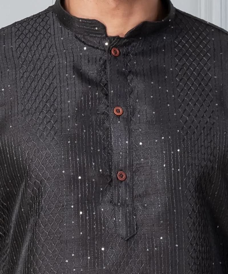 Men’s Midnight Sequin-Embroidered Silk Kurta – Charcoal Black | SHOBITAM