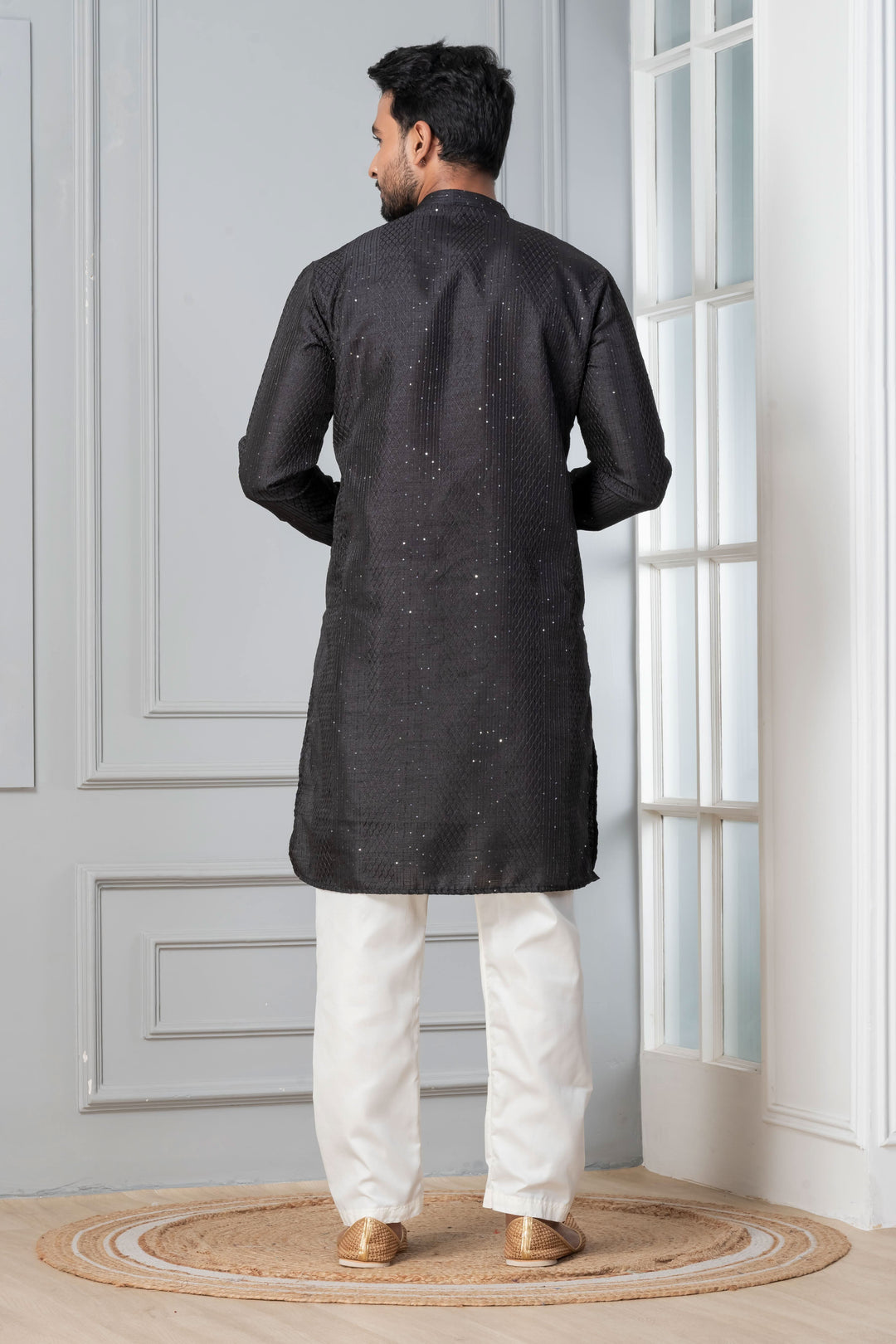 Men’s Midnight Sequin-Embroidered Silk Kurta – Charcoal Black | SHOBITAM