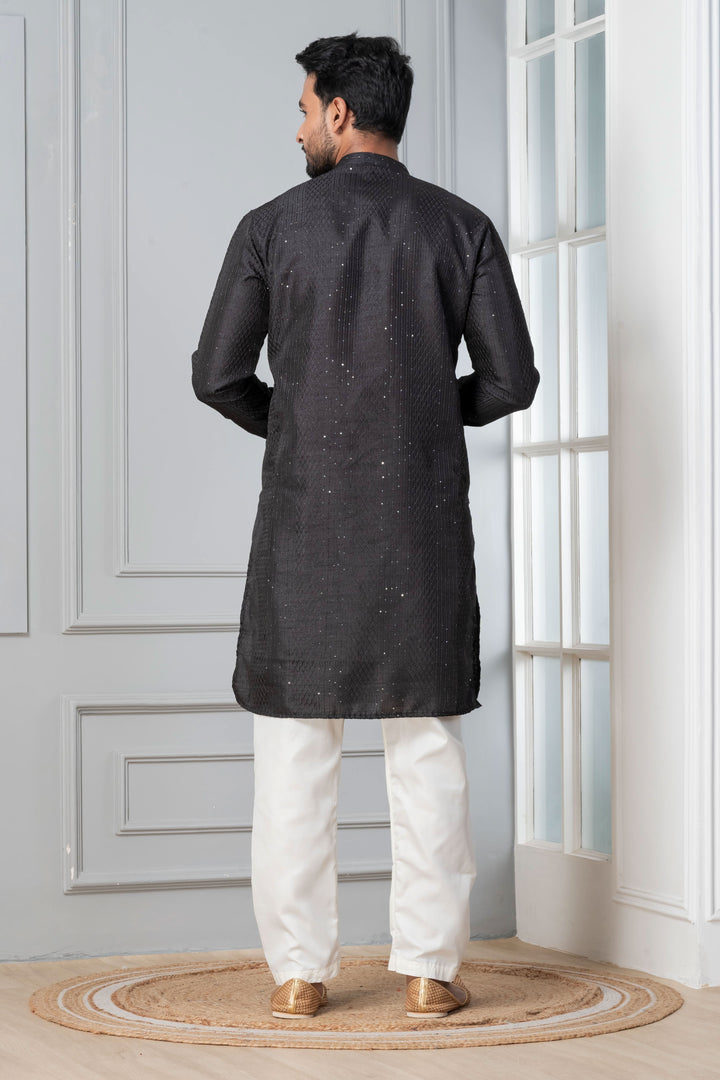 Men’s Midnight Sequin-Embroidered Silk Kurta – Charcoal Black | SHOBITAM