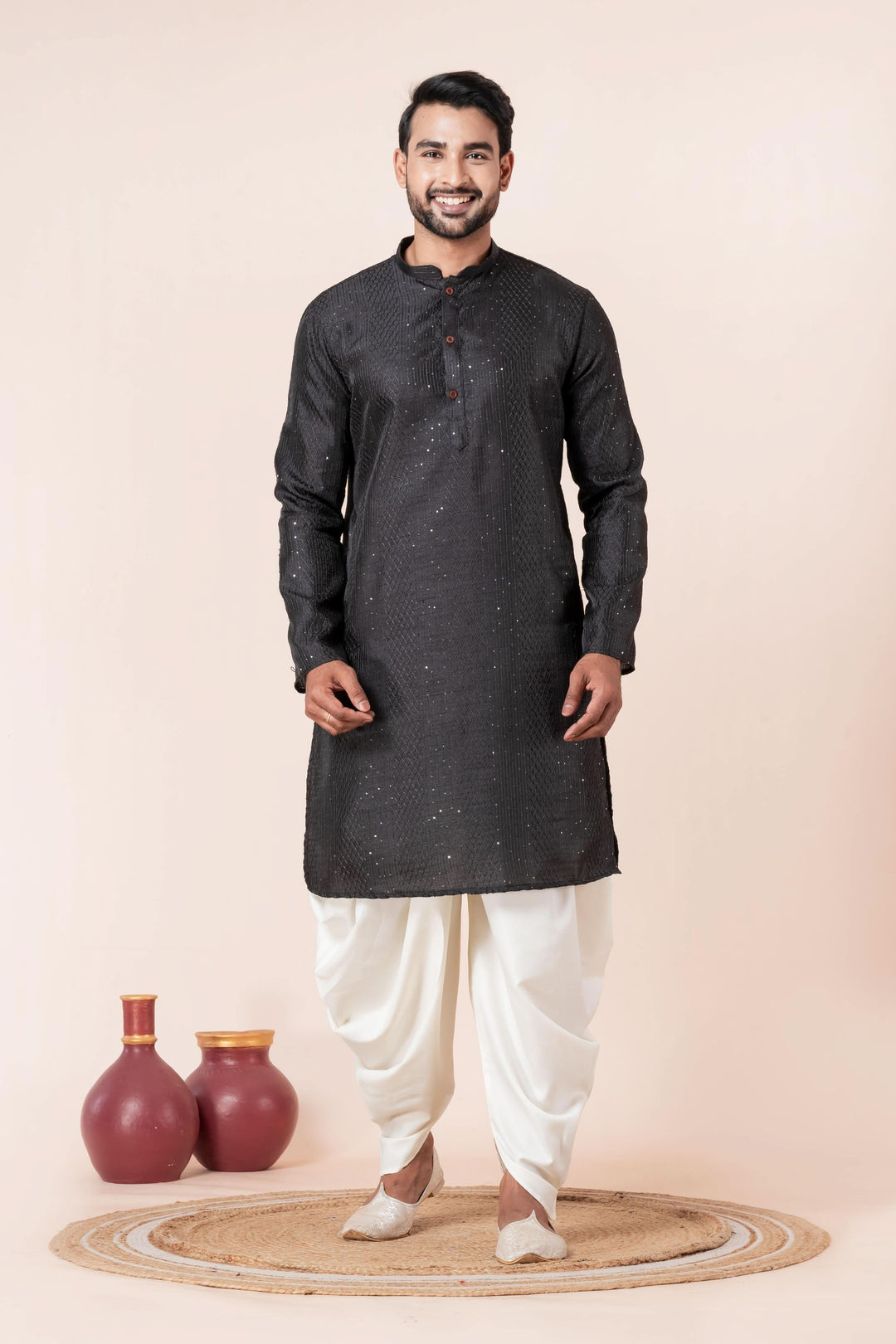Men’s Midnight Sequin-Embroidered Silk Kurta – Charcoal Black | SHOBITAM