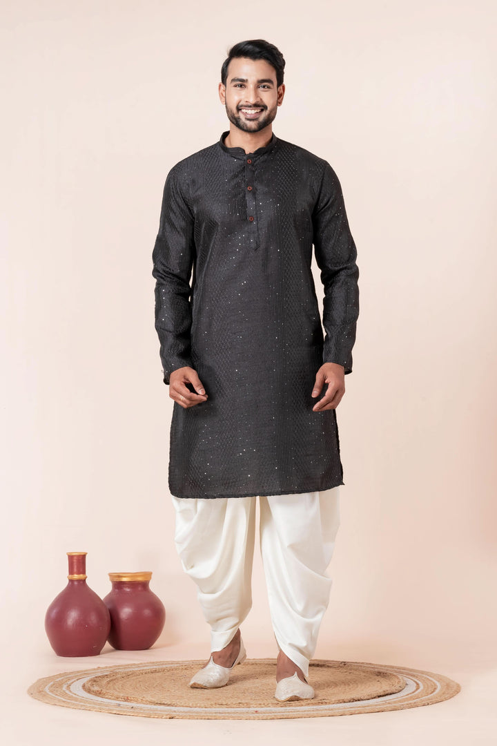 Men’s Midnight Sequin-Embroidered Silk Kurta – Charcoal Black | SHOBITAM