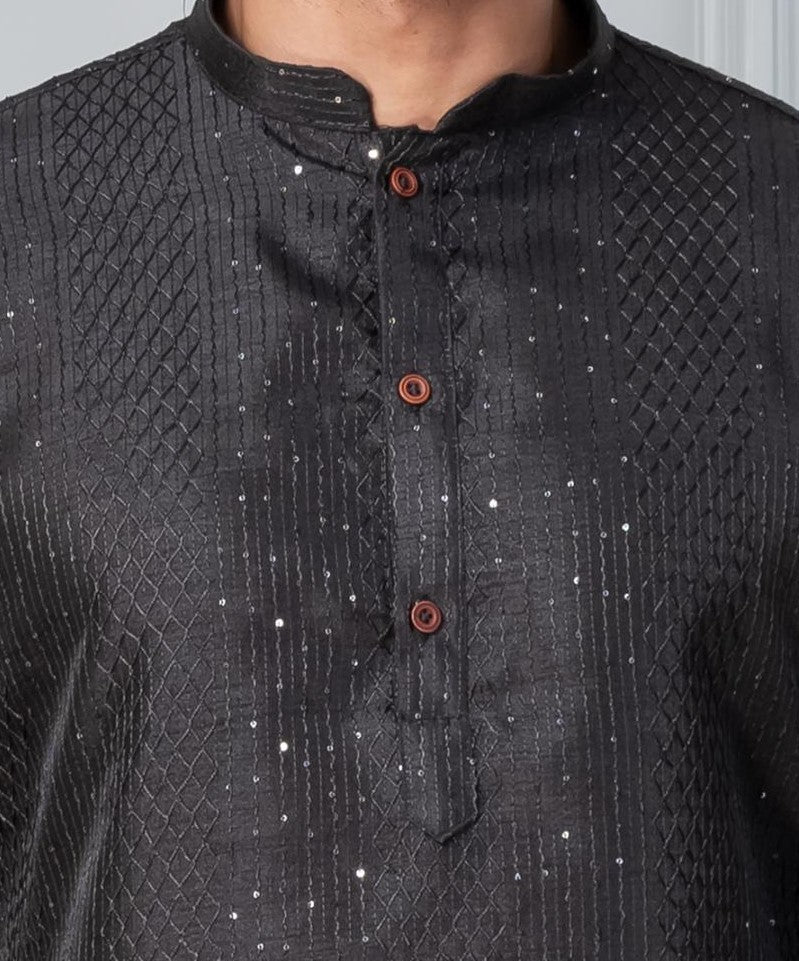 Men’s Midnight Sequin-Embroidered Silk Kurta – Charcoal Black | SHOBITAM