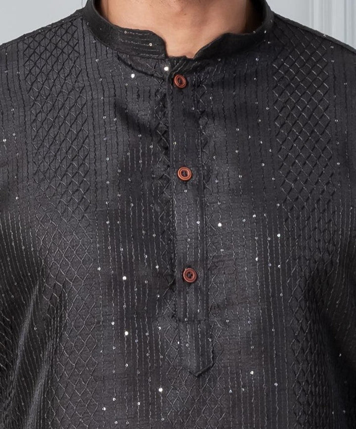 Men’s Midnight Sequin-Embroidered Silk Kurta – Charcoal Black | SHOBITAM