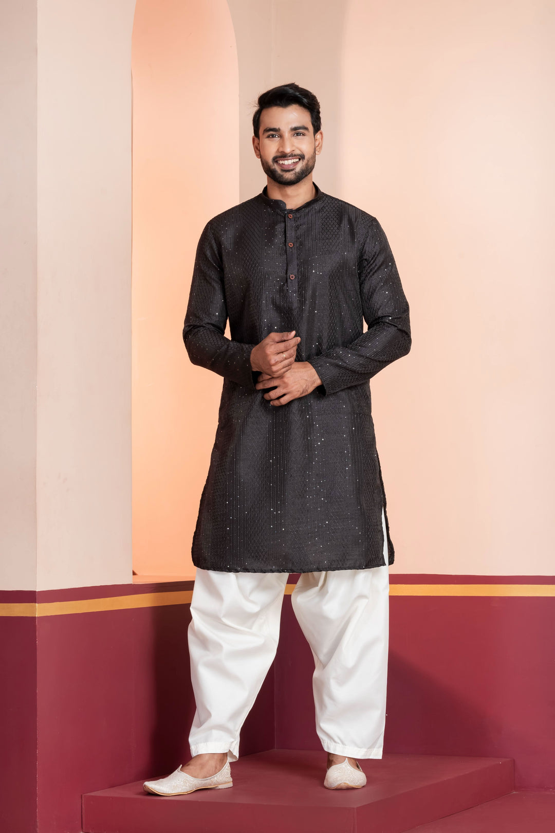 Men’s Midnight Sequin-Embroidered Silk Kurta – Charcoal Black | SHOBITAM