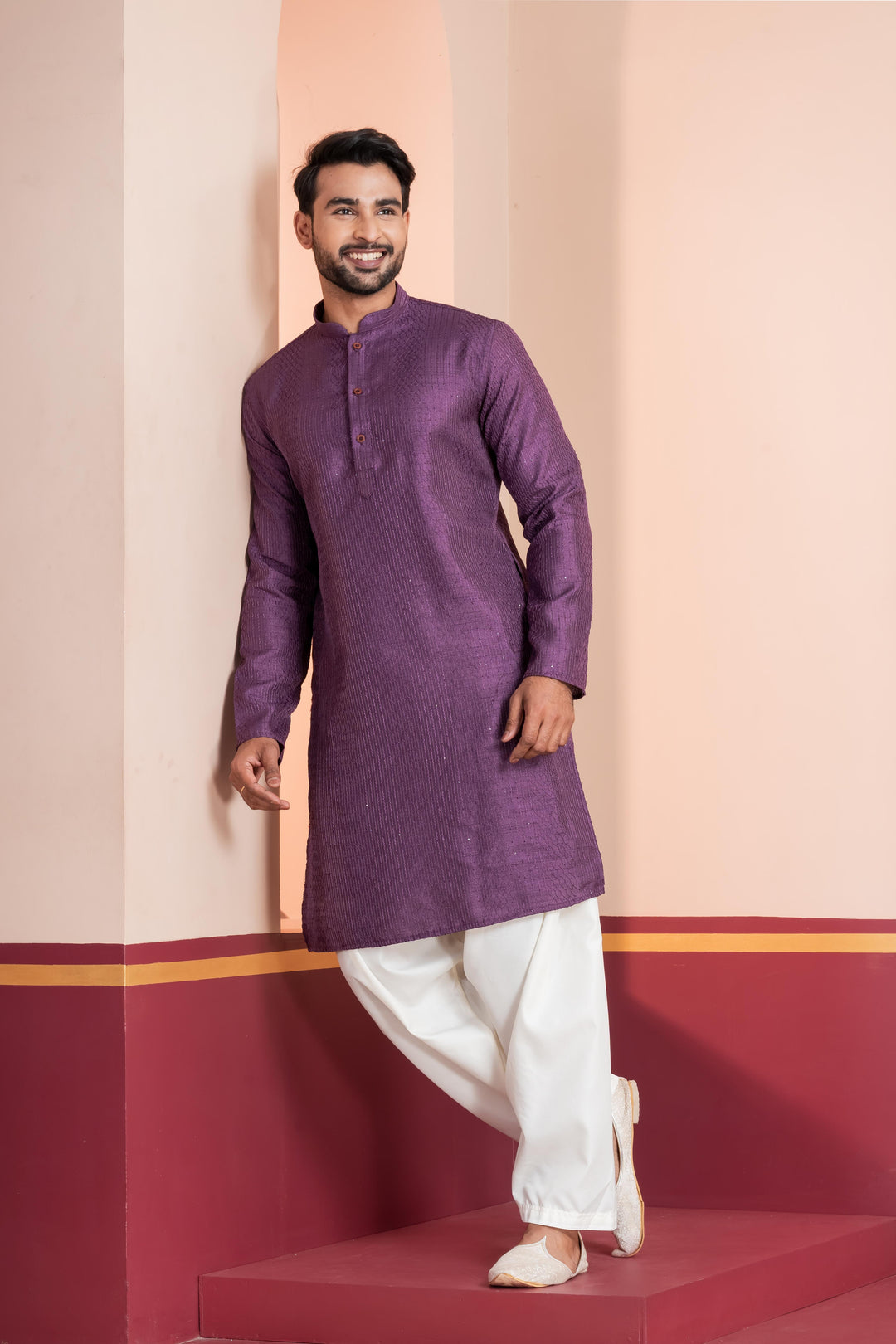 Men’s Royal Embroidered Silk Kurta – Deep Purple | SHOBITAM