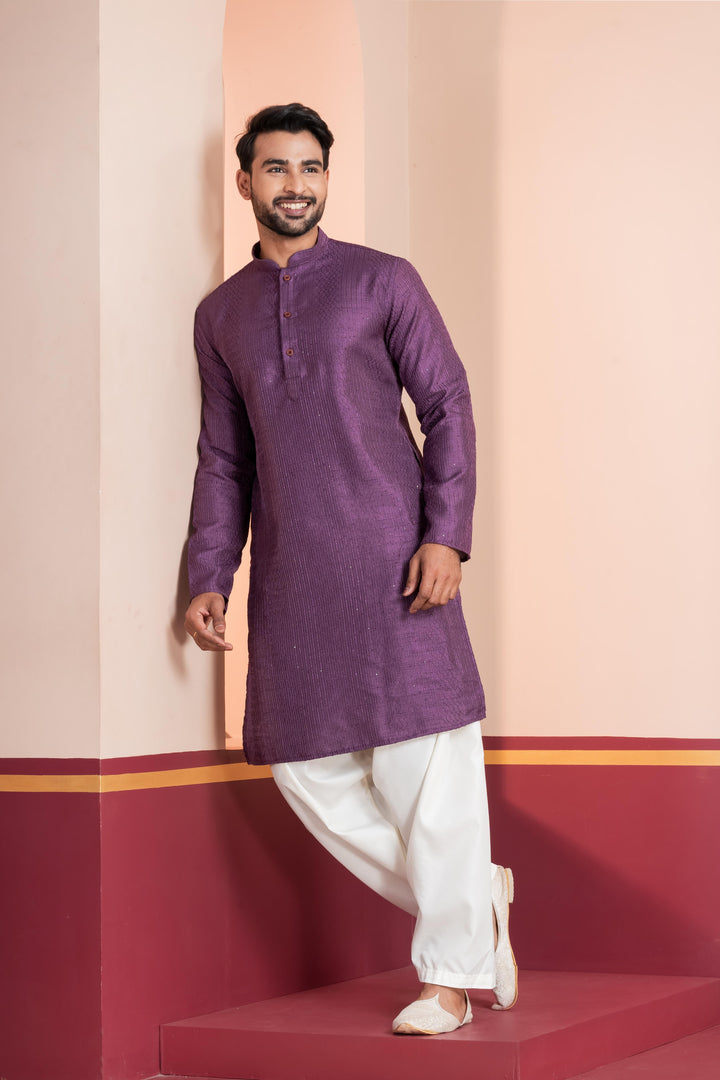 Men’s Royal Embroidered Silk Kurta – Deep Purple | SHOBITAM