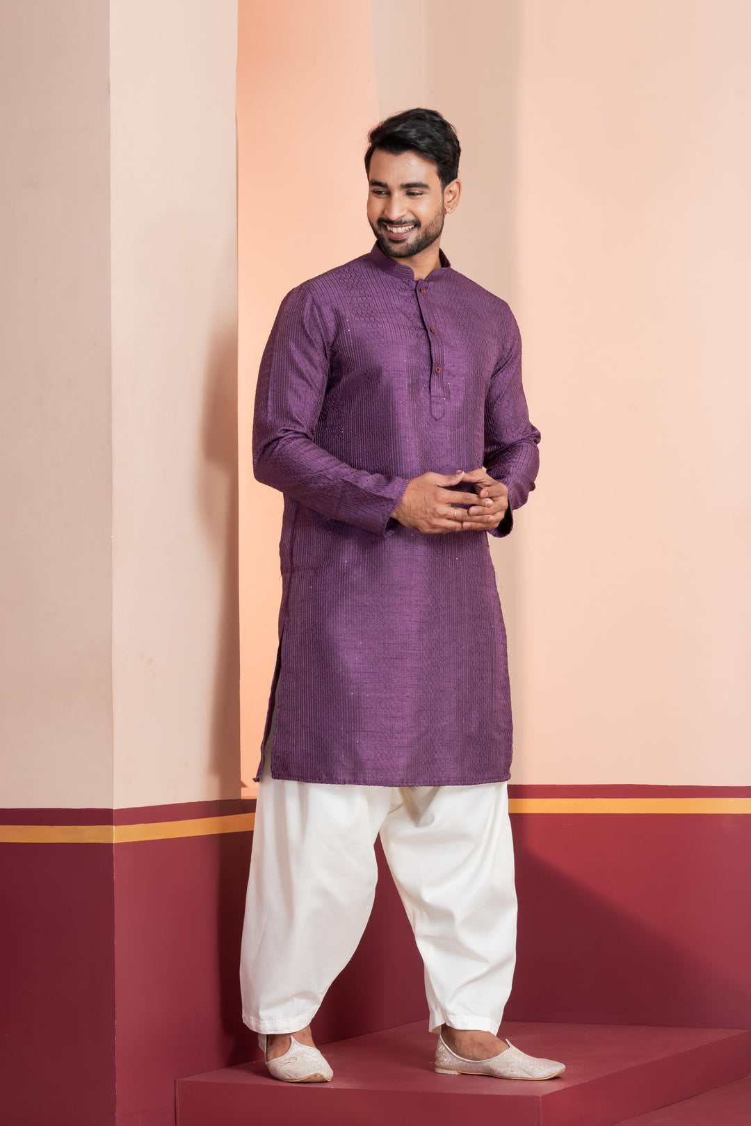 Men’s Royal Embroidered Silk Kurta – Deep Purple | SHOBITAM