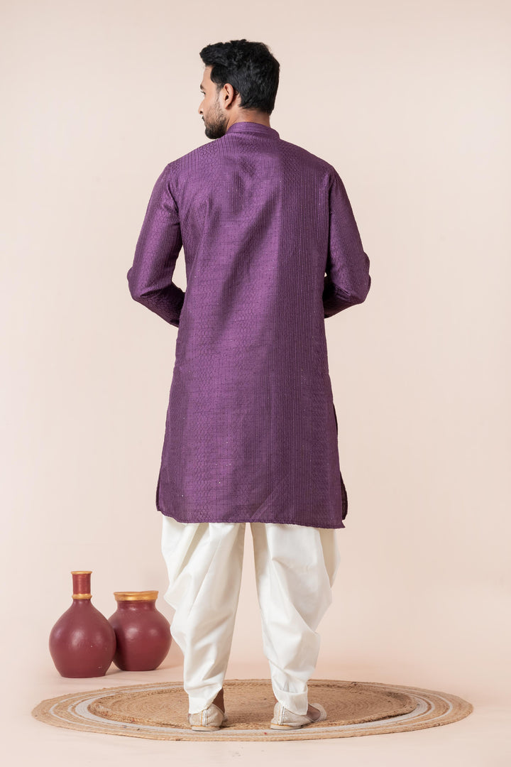 Men’s Royal Embroidered Silk Kurta – Deep Purple | SHOBITAM