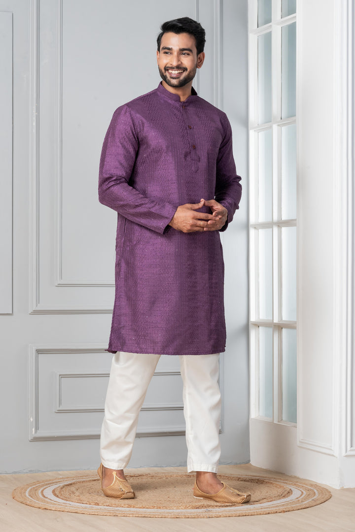 Men’s Royal Embroidered Silk Kurta – Deep Purple | SHOBITAM