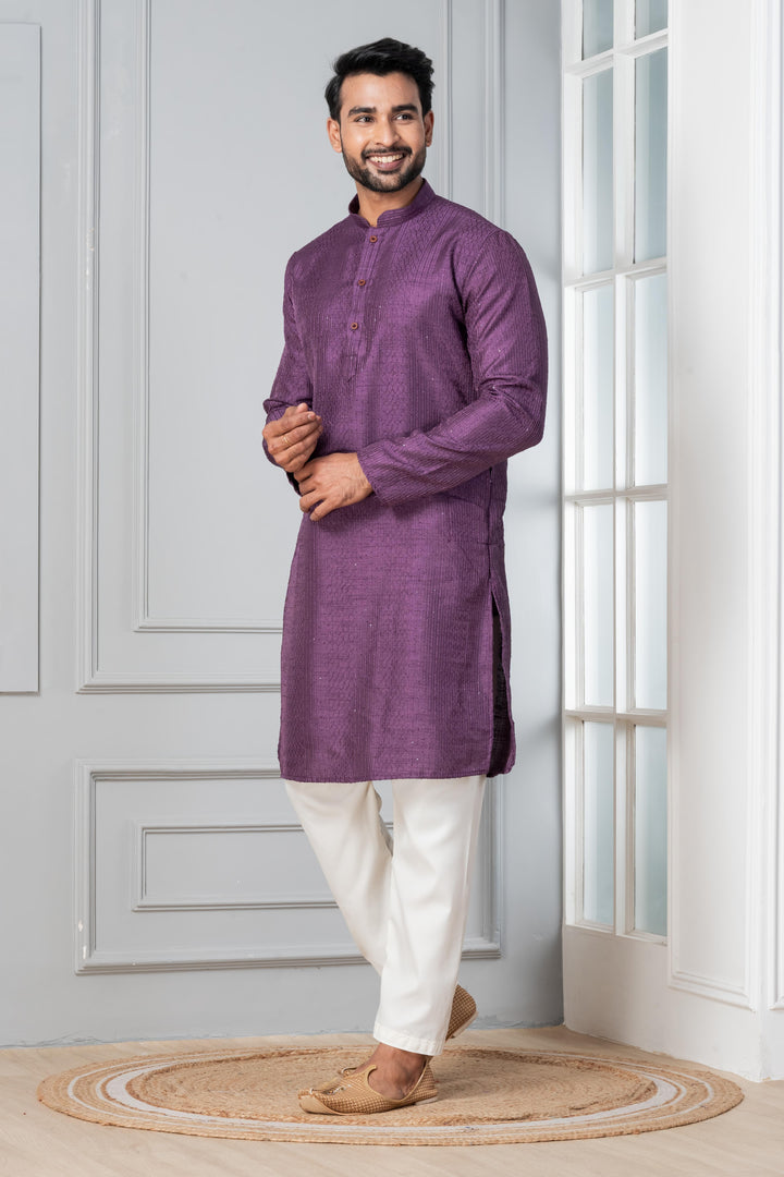 Men’s Royal Embroidered Silk Kurta – Deep Purple | SHOBITAM