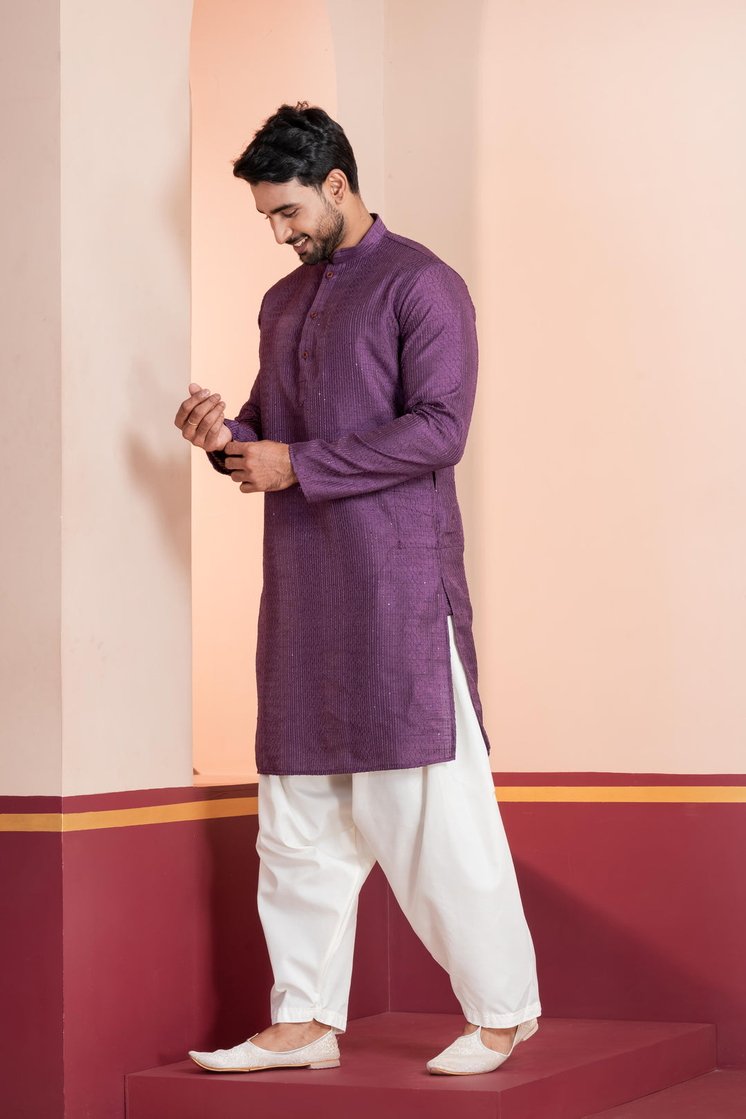 Men’s Royal Embroidered Silk Kurta – Deep Purple | SHOBITAM