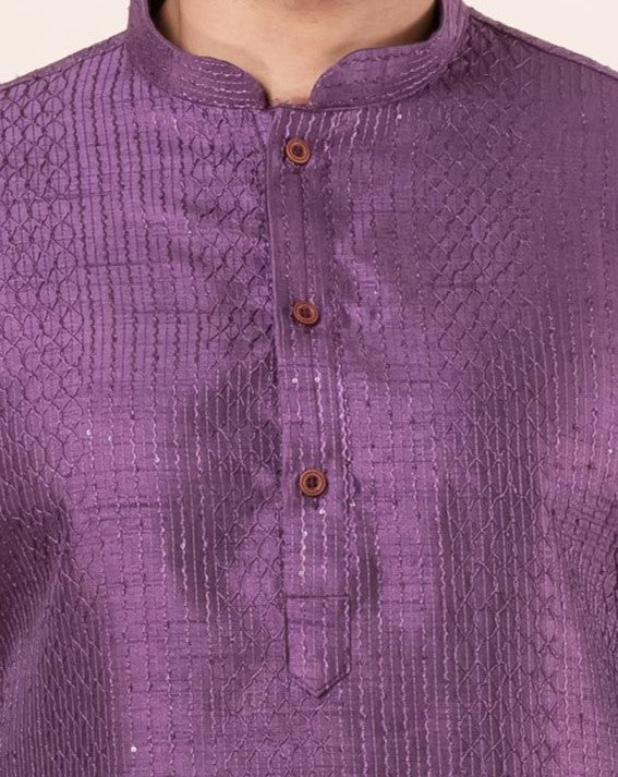 Men’s Royal Embroidered Silk Kurta – Deep Purple | SHOBITAM
