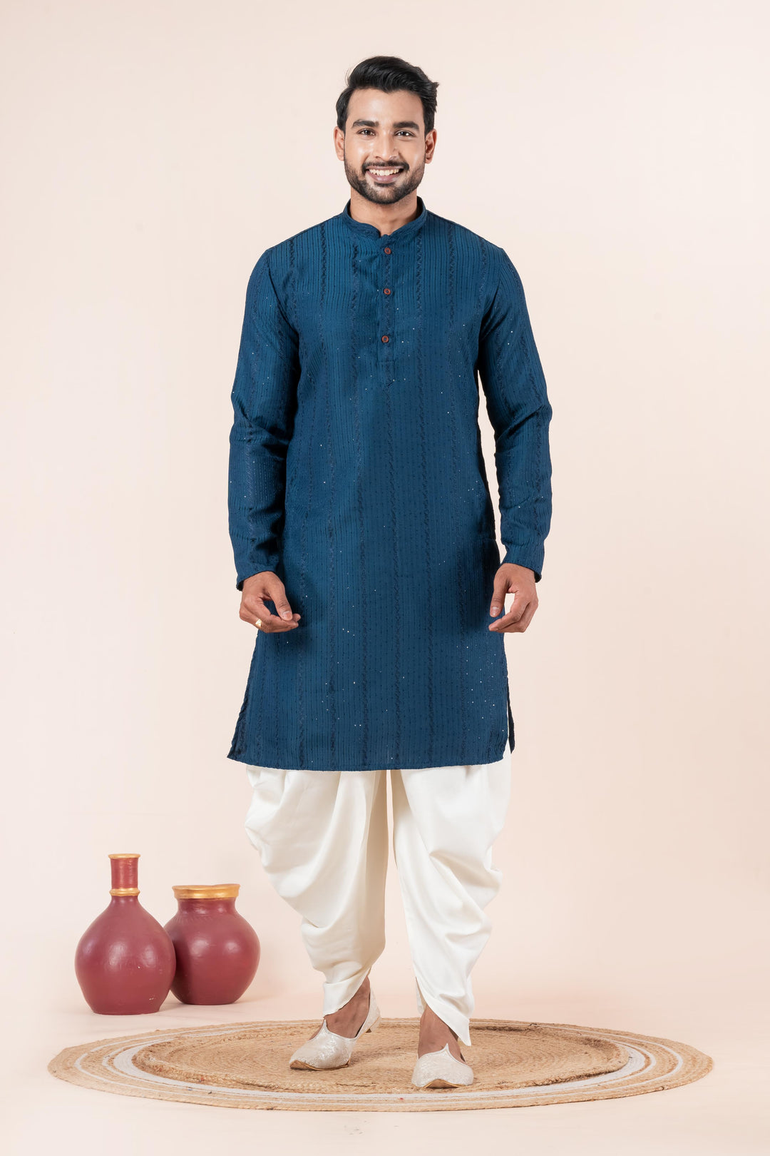 Prussian Blue Silk Kurta For Men | SHOBITAM