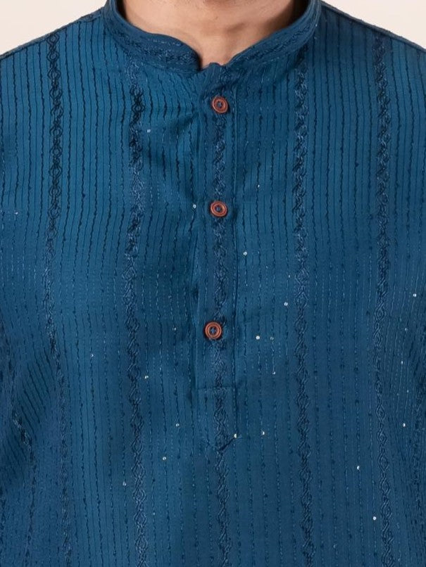 Prussian Blue Silk Kurta For Men | SHOBITAM