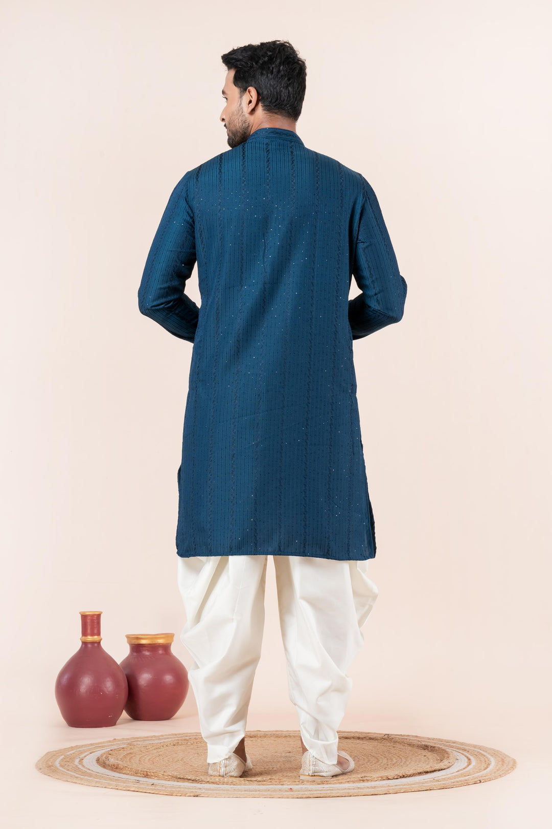Prussian Blue Silk Kurta For Men | SHOBITAM