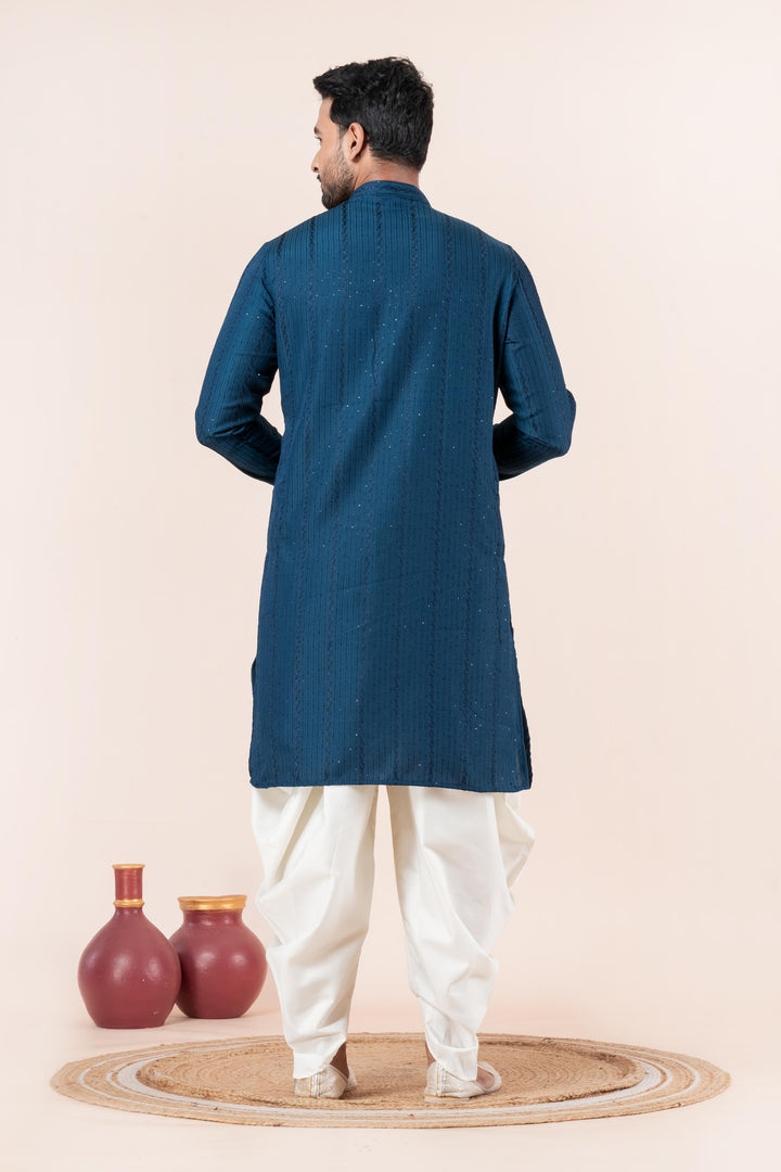 Prussian Blue Silk Kurta For Men | SHOBITAM