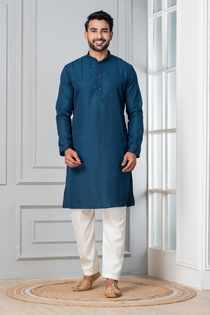 Prussian Blue Silk Kurta For Men | SHOBITAM