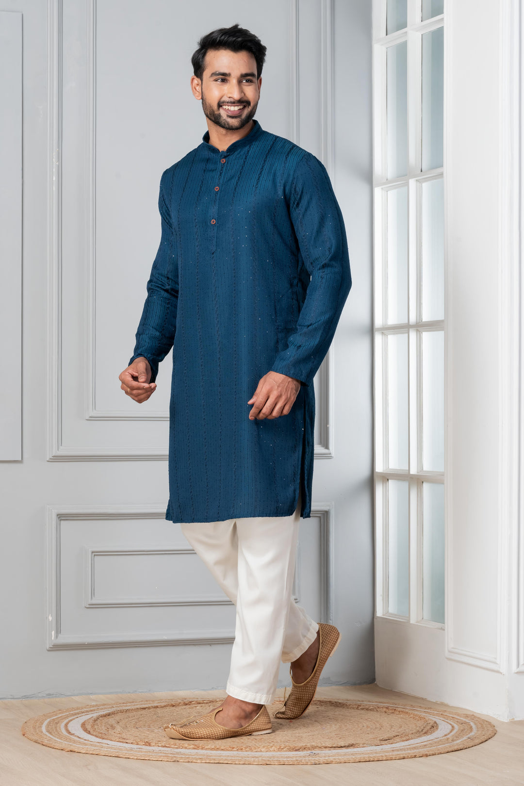 Prussian Blue Silk Kurta For Men | SHOBITAM