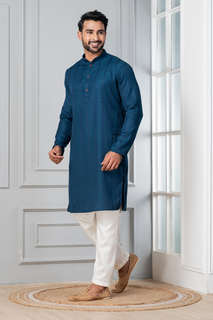Prussian Blue Silk Kurta For Men | SHOBITAM