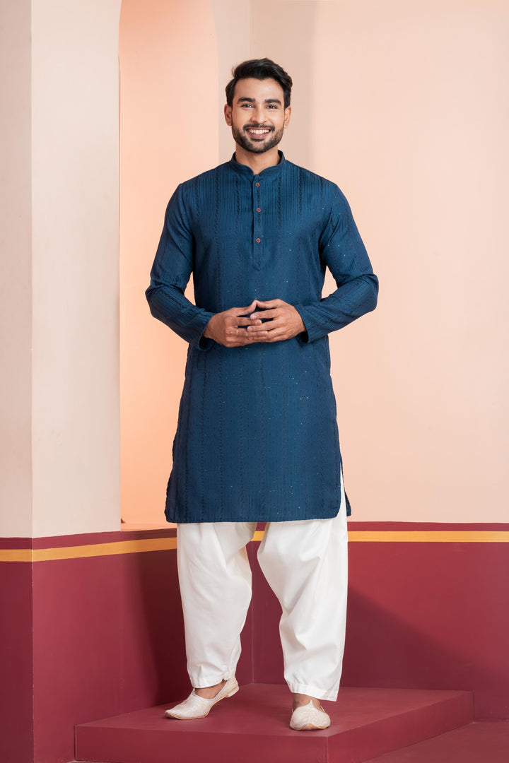 Prussian Blue Silk Kurta For Men | SHOBITAM