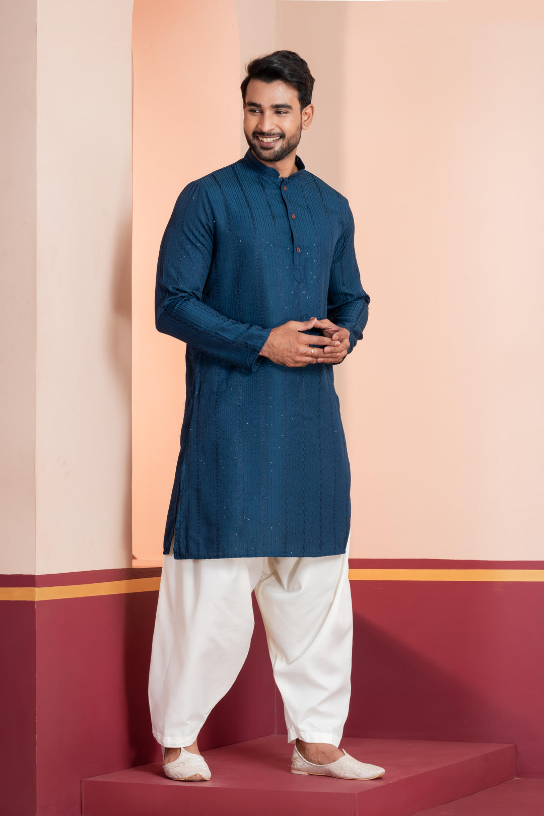 Prussian Blue Silk Kurta For Men | SHOBITAM