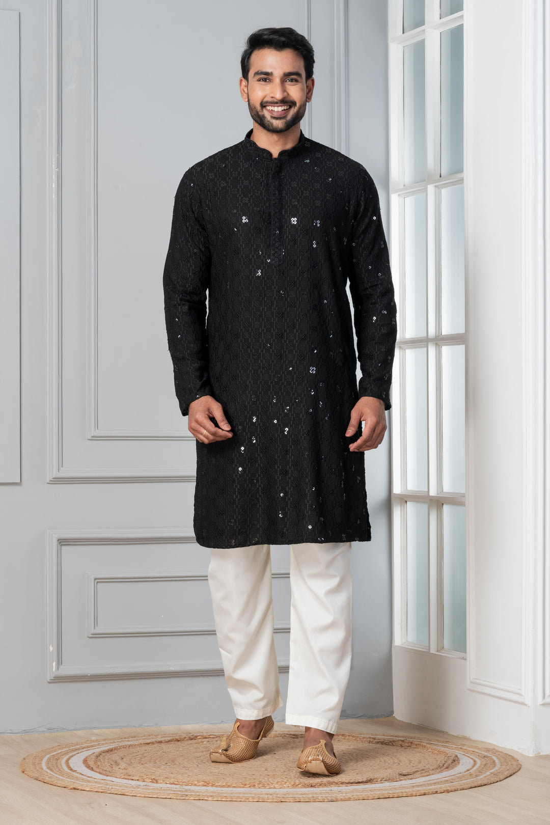 Obsidian Starfall Silk Kurta For Men | SHOBITAM
