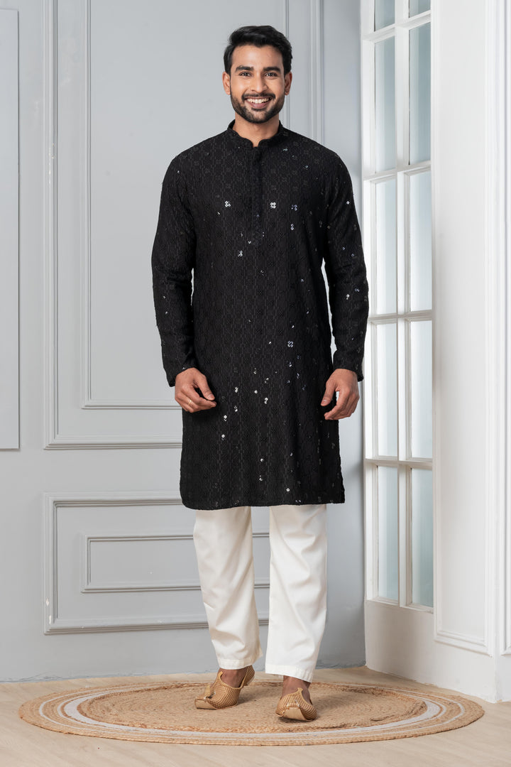 Obsidian Starfall Silk Kurta For Men | SHOBITAM