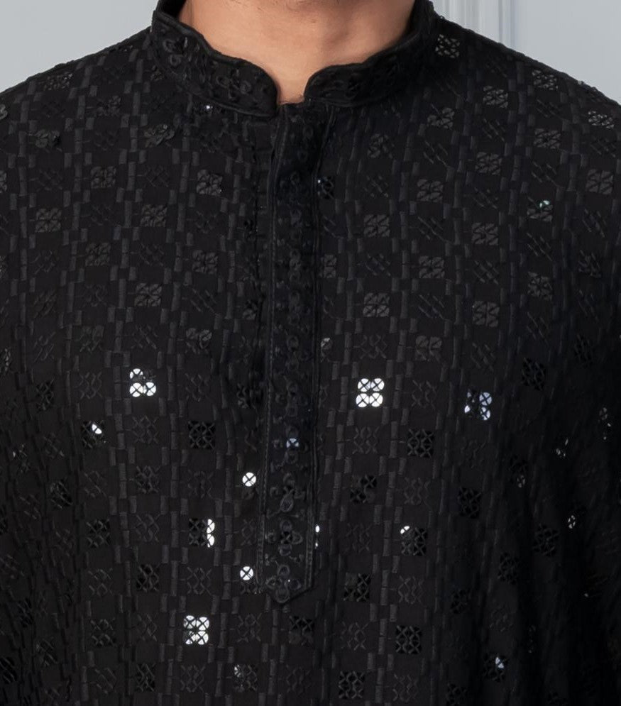 Obsidian Starfall Silk Kurta For Men | SHOBITAM