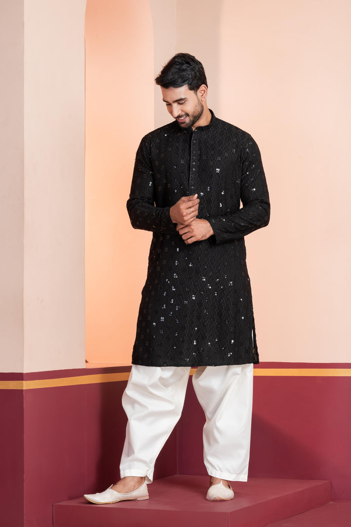 Obsidian Starfall Silk Kurta For Men | SHOBITAM