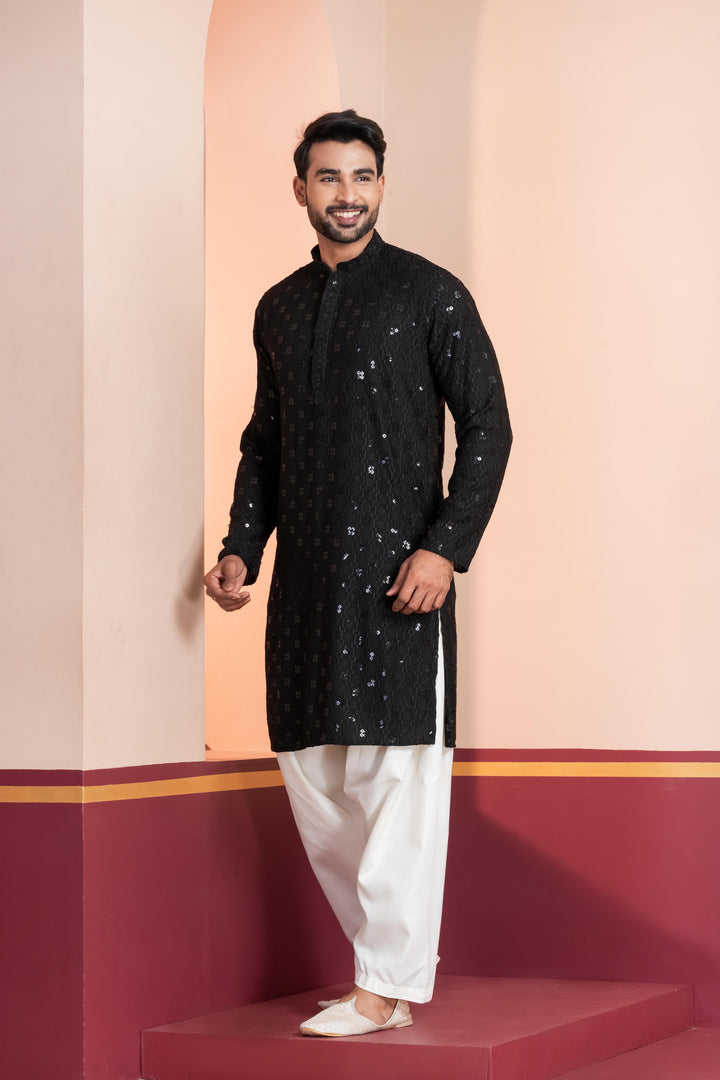 Obsidian Starfall Silk Kurta For Men | SHOBITAM