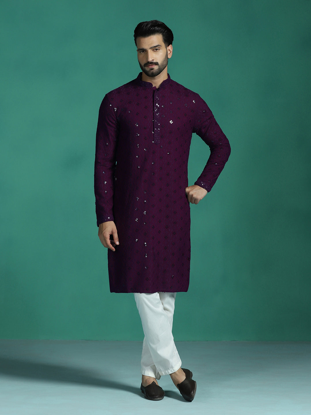 Purple Cotton Silk Kurta Set for Men | SHOBITAM
