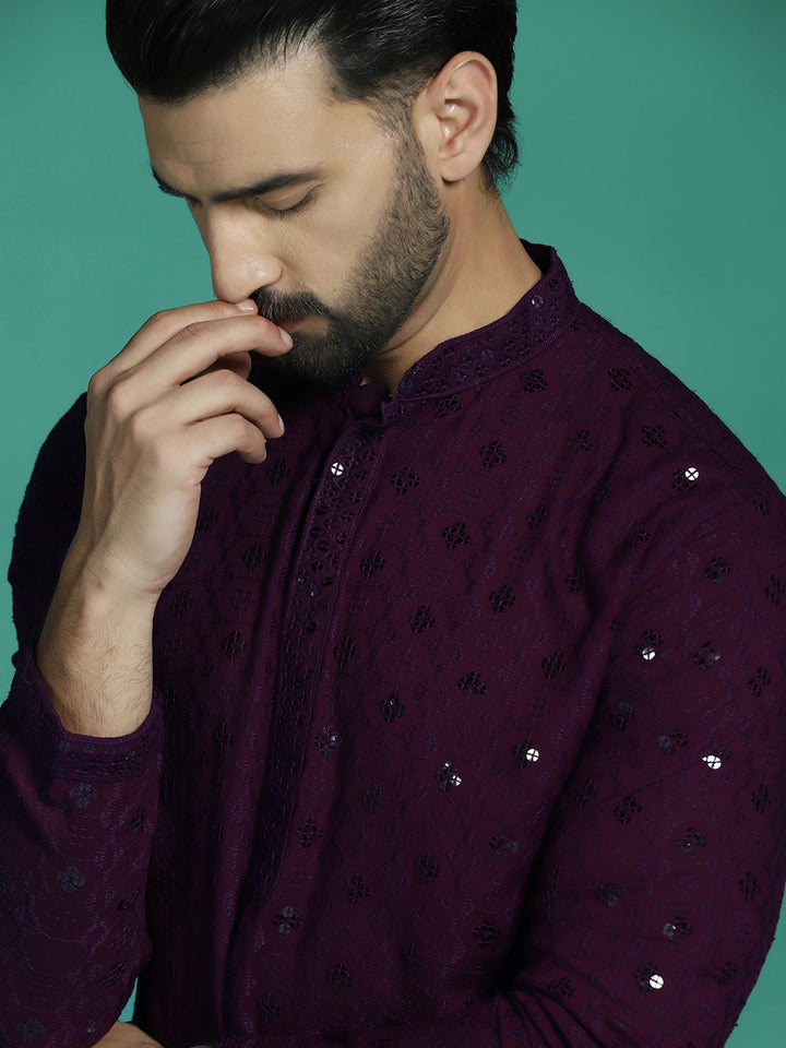 Purple Cotton Silk Kurta Set for Men | SHOBITAM
