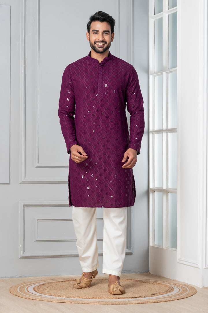 Royal Amethyst Embroidered Kurta For Men | SHOBITAM