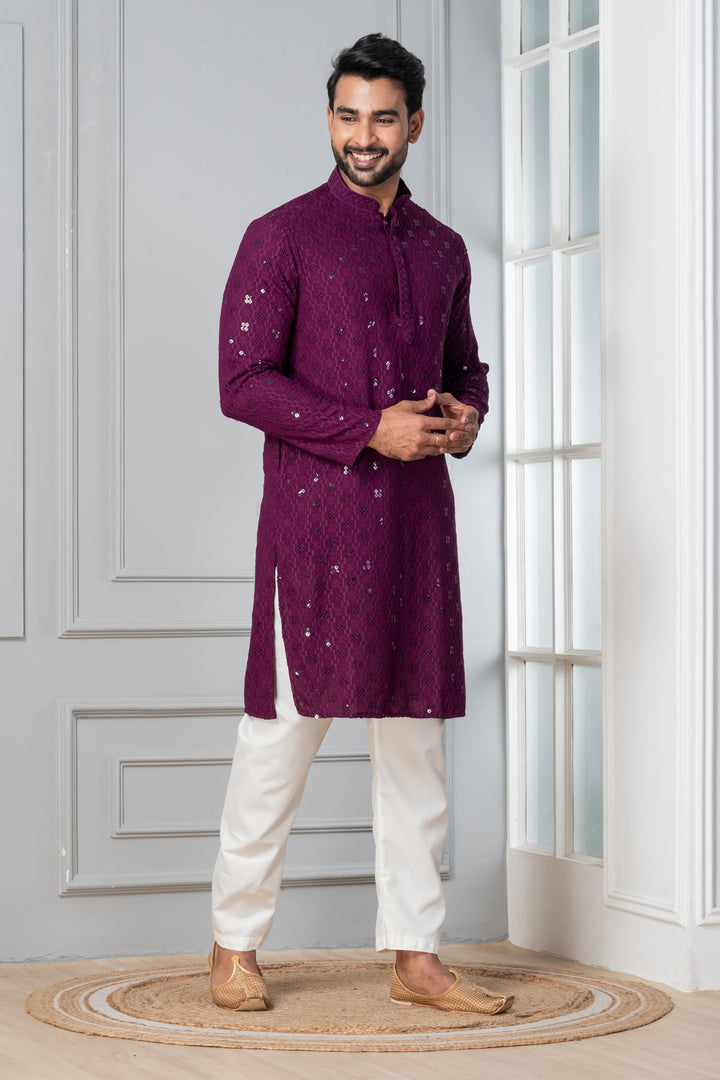 Royal Amethyst Embroidered Kurta For Men | SHOBITAM