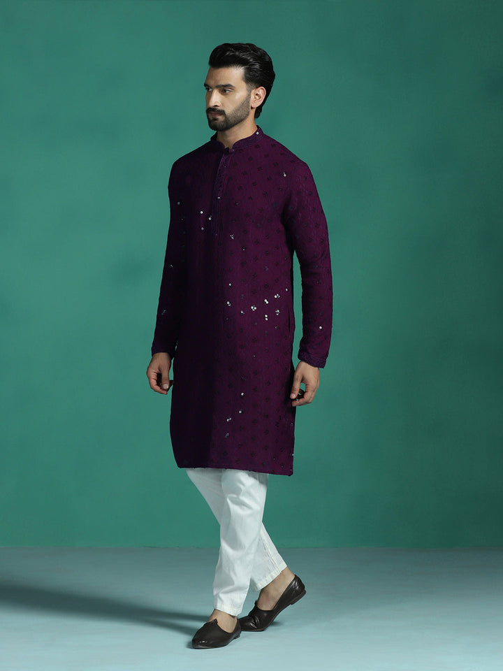Purple Cotton Silk Kurta Set for Men | SHOBITAM