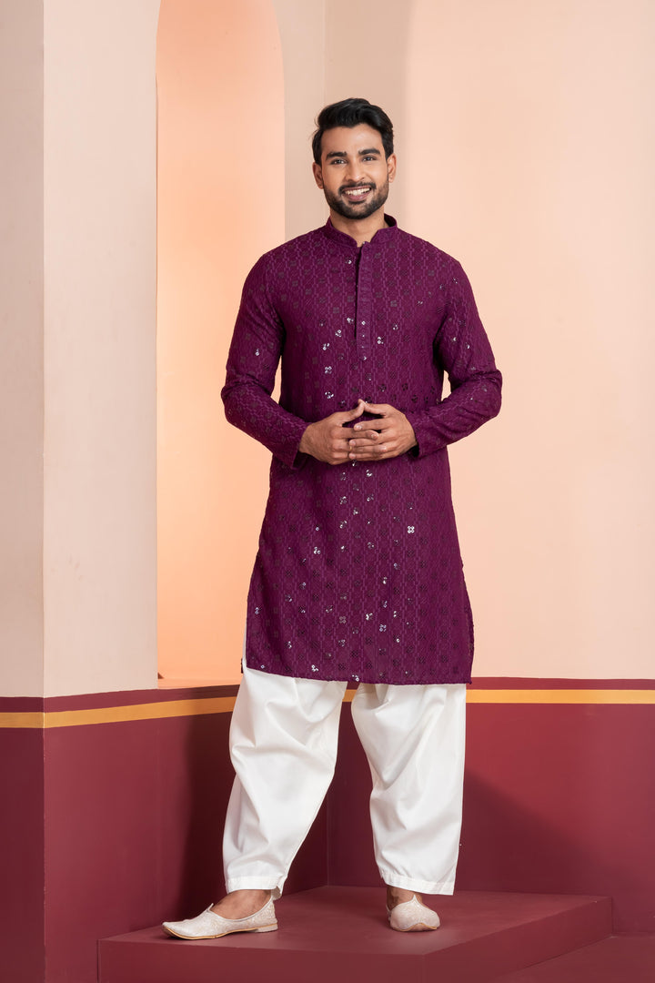 Royal Amethyst Embroidered Kurta For Men | SHOBITAM