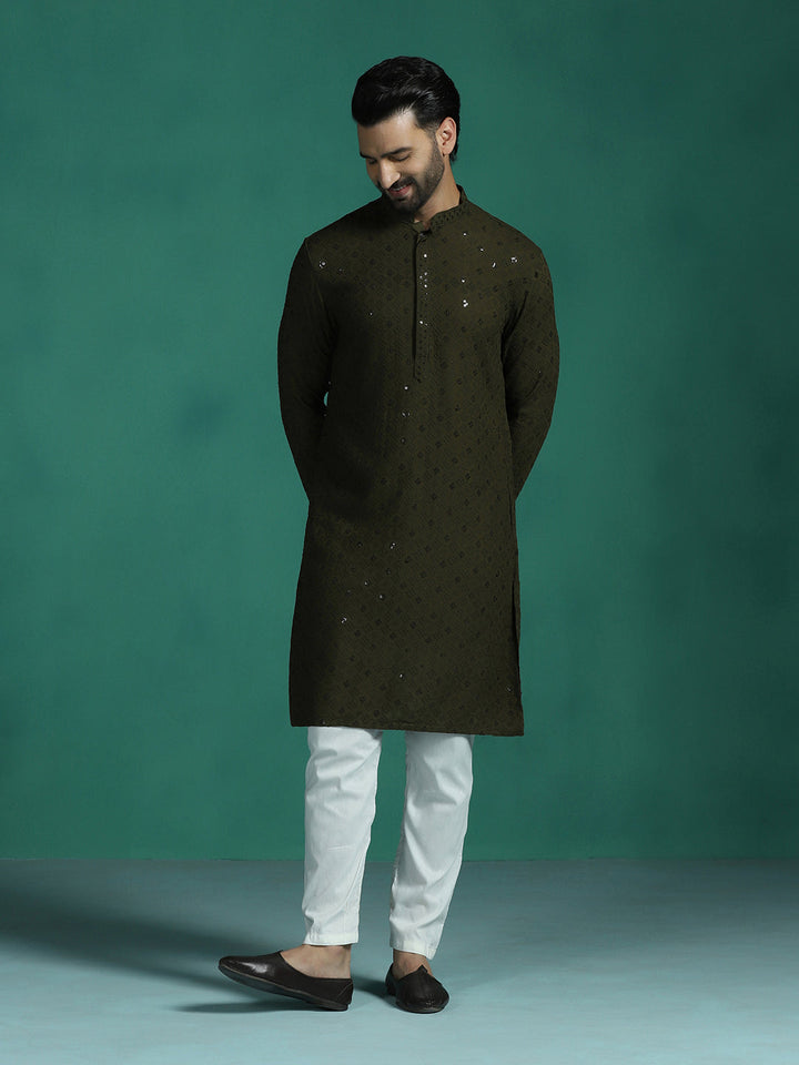 Olive Cotton Silk Kurta Set for Men | SHOBITAM